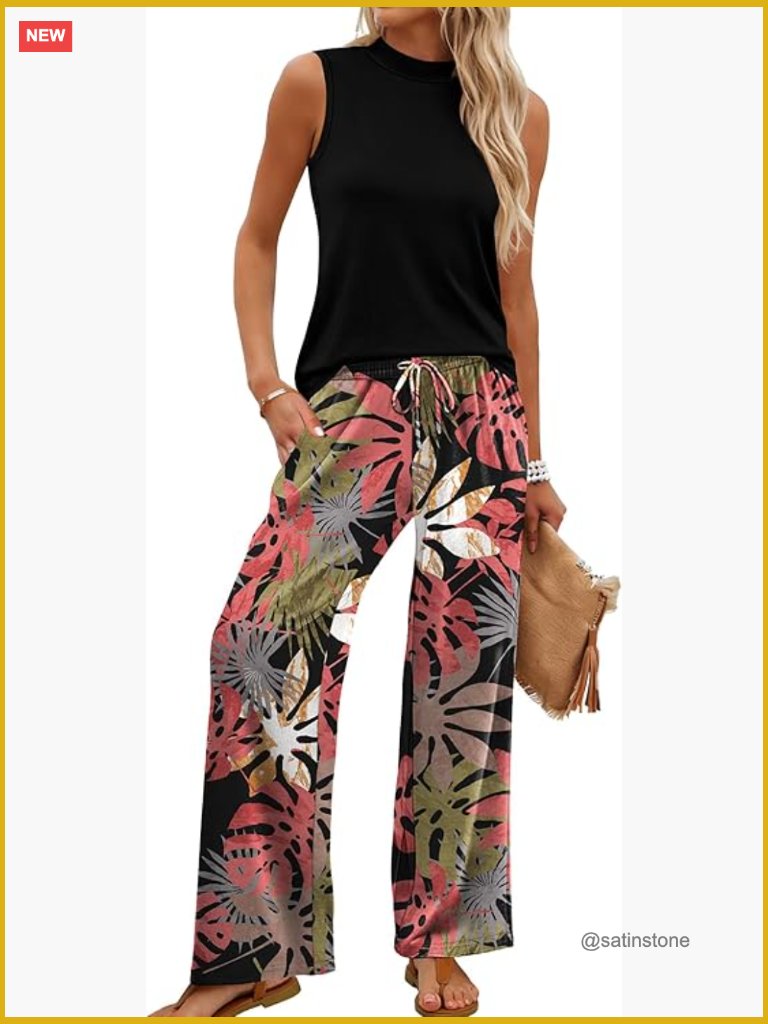 Two Piece Set Mock Neck Top Wide Leg Pants Women's Summer Outfit